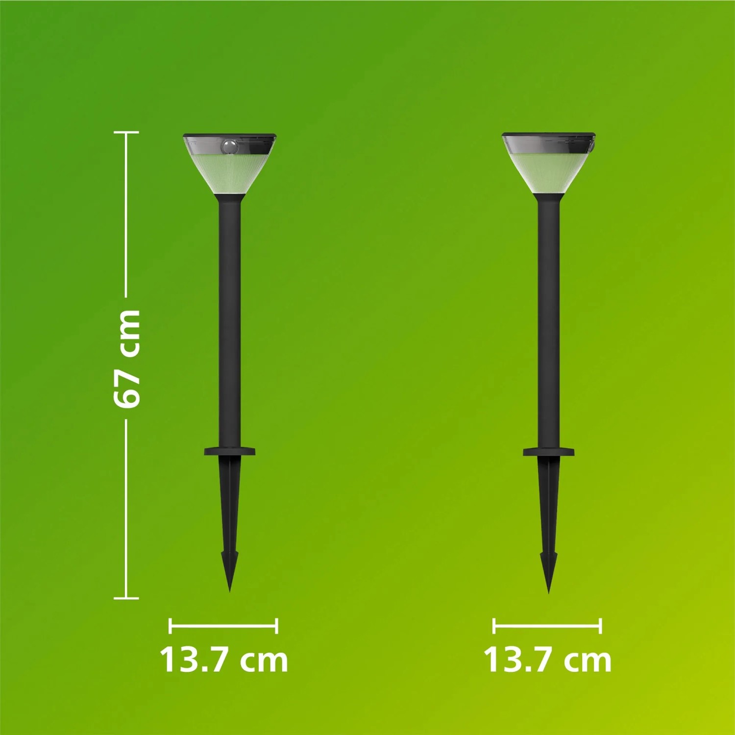 Philips Kyna Solar-Wegeleuchte, schwarz, mit Maßangaben (67 x 13,7 cm).