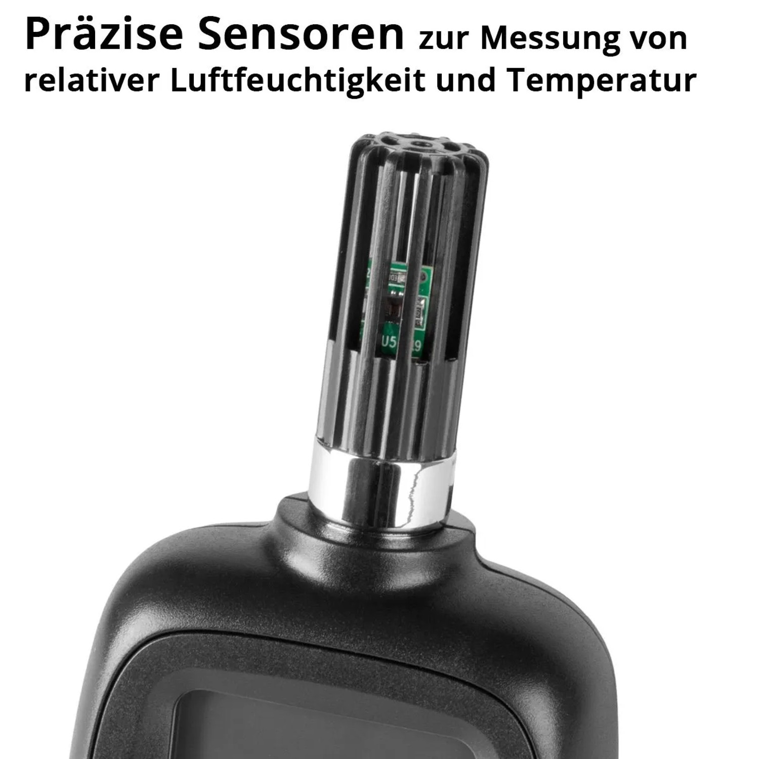 Nahaufnahme des schwarzen Sensors vom STAHLWERK Luftfeuchtigkeits- und Temperaturmessgerät. Grüne Platine sichtbar. Für präzise Raumklima-Messung.