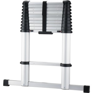 Zusammengeklappte, silberne Aluminium Teleskopleiter mit 11 Stufen für Innen- und Außenbereiche.