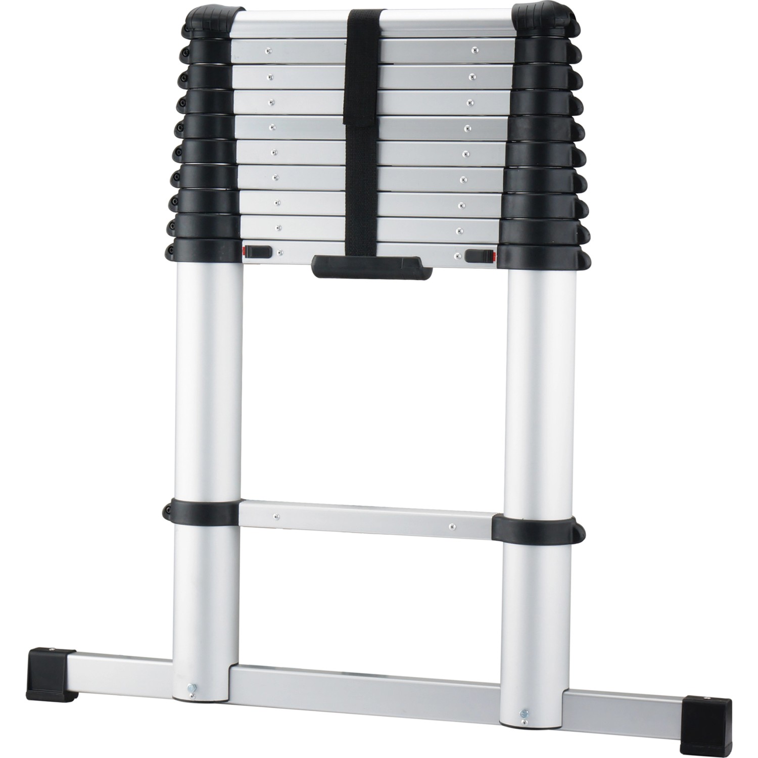 Zusammengeklappte, silberne Aluminium Teleskopleiter mit 11 Stufen für Innen- und Außenbereiche.