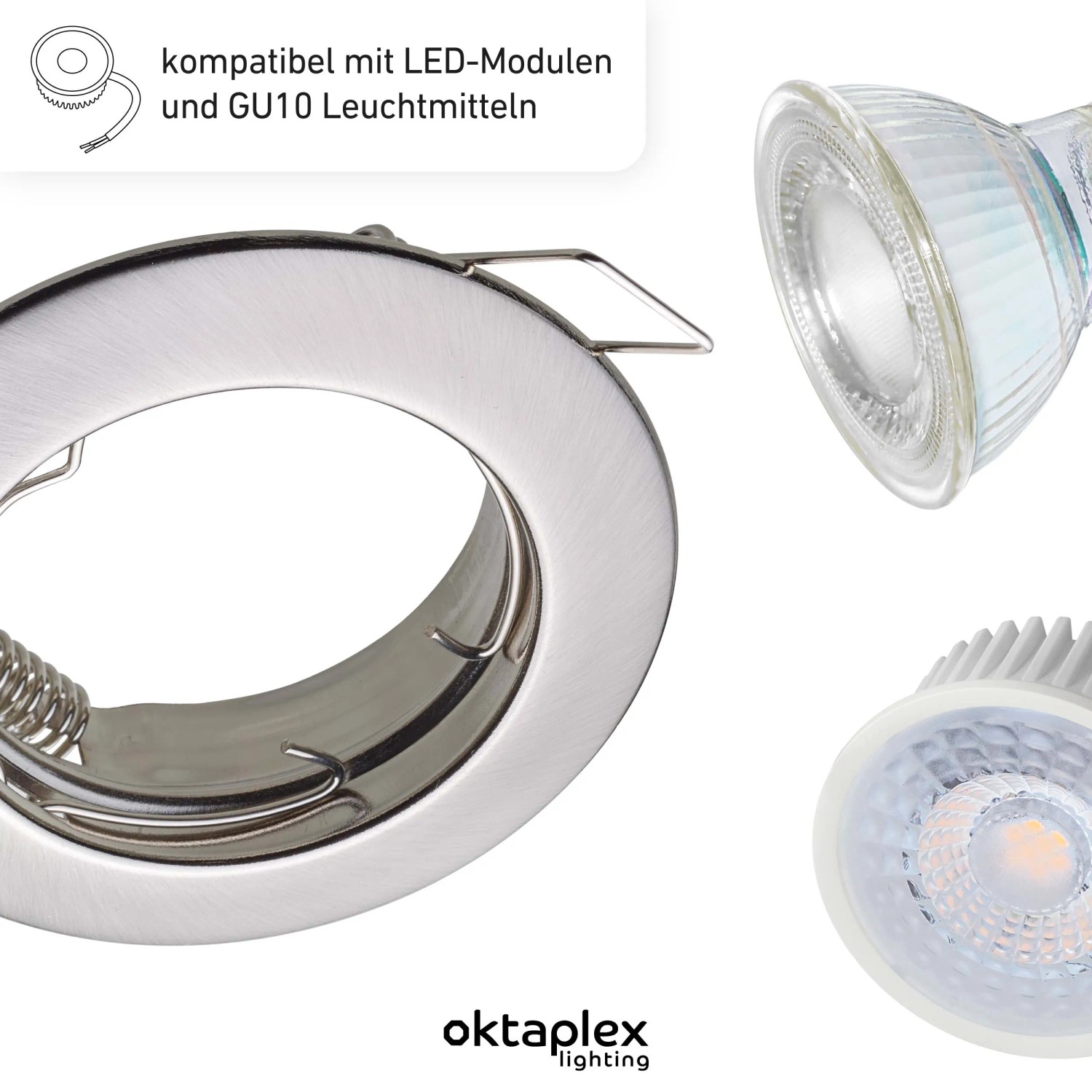 Oktaplex Sedan 9er Set: Spotrahmen in gebürsteter Edelstahloptik für LED-Module und GU10 Leuchtmittel.
