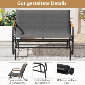 Costway Garten Schaukelbank mit grauem Stoffsitz und Teakholz Armlehnen für 2 Personen.