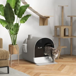 Graue PawHut Katzentoilette mit Deckel und Schaufel. Katze verlässt das Katzenklo.
