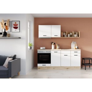 Moderne weiße Küchenzeile 195 cm mit E-Geräten, Eiche-Nachbildung, Herd, Kochfeld in heller Küche.