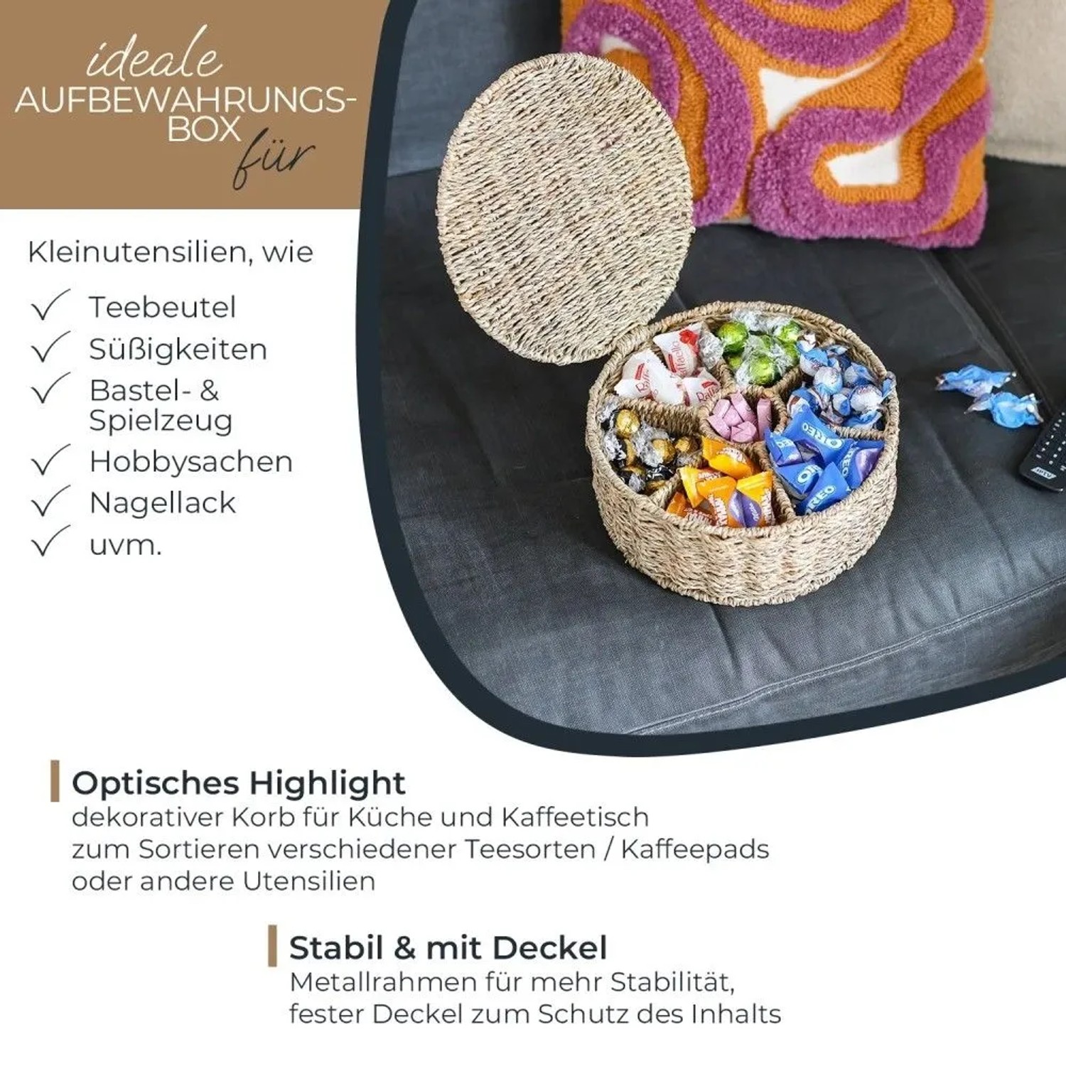 Runde geflochtene Seegras Teebox mit 7 Fächern und Deckel. Dekorativer Organizer für Teebeutel, Süßigkeiten & Kleinutensilien.