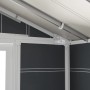 Detailansicht: Dunkelgrau-weißes Grosfillex Gartenhaus Deco Domizil, Kunststoffbauweise.