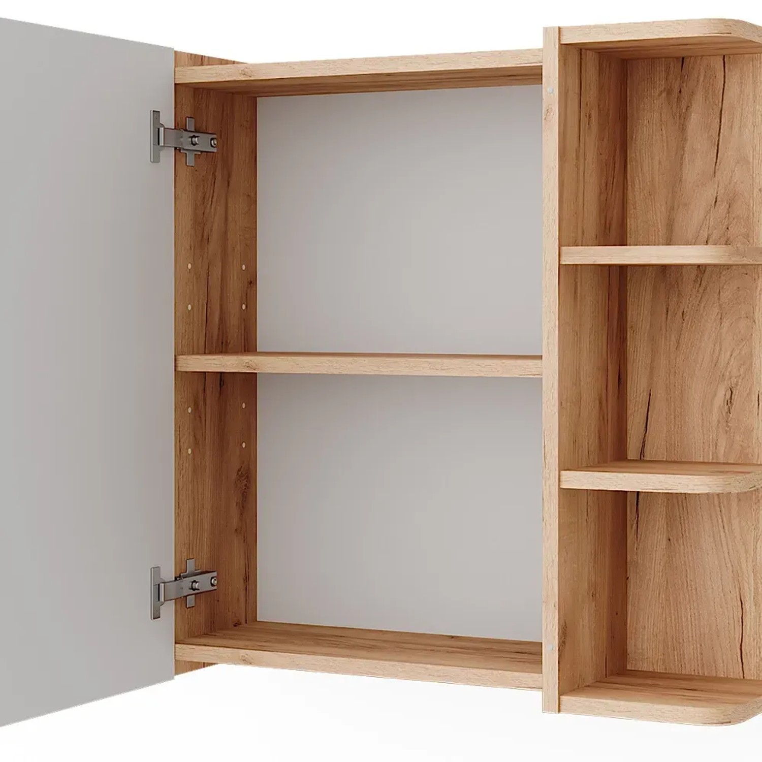 Vicco Spiegelschrank Fynn, Goldkraft Eiche, 62x64 cm, mit offenen Regalen und Tür geöffnet.