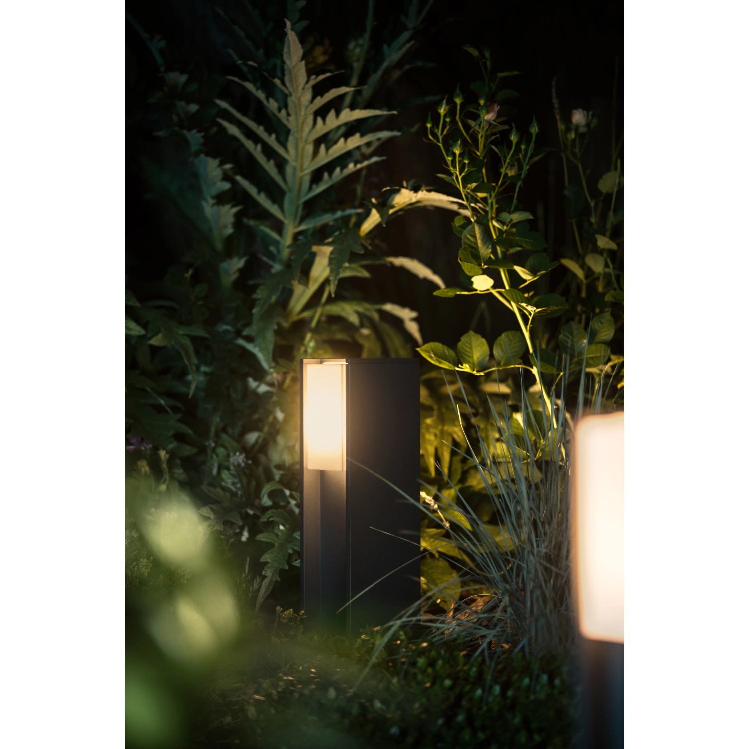 Philips Hue Turaco LED-Sockelleuchte in Anthrazit im Garten, warmweißes Licht.