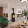 Schwarzer Haas+Sohn Kaminofen (6 kW) mit Automatik im Wohnraum.