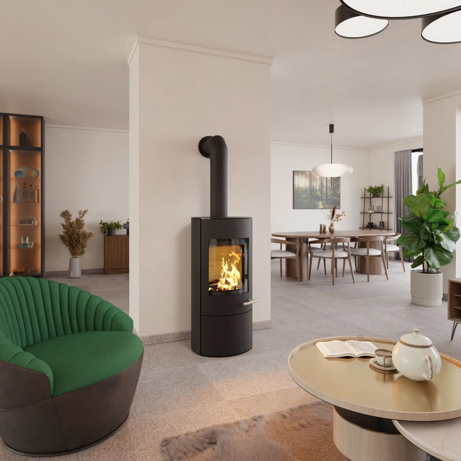Schwarzer Haas+Sohn Kaminofen (6 kW) mit Automatik im Wohnraum.