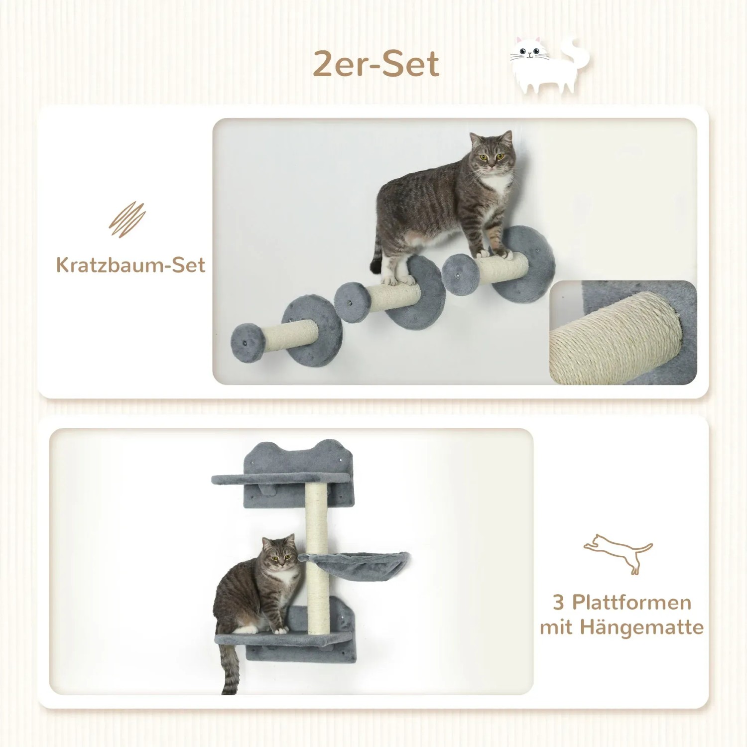 PawHut Kletterwand-Set: Graue Kletterstufen, Kratzbaum und Hängematte für Katzen.