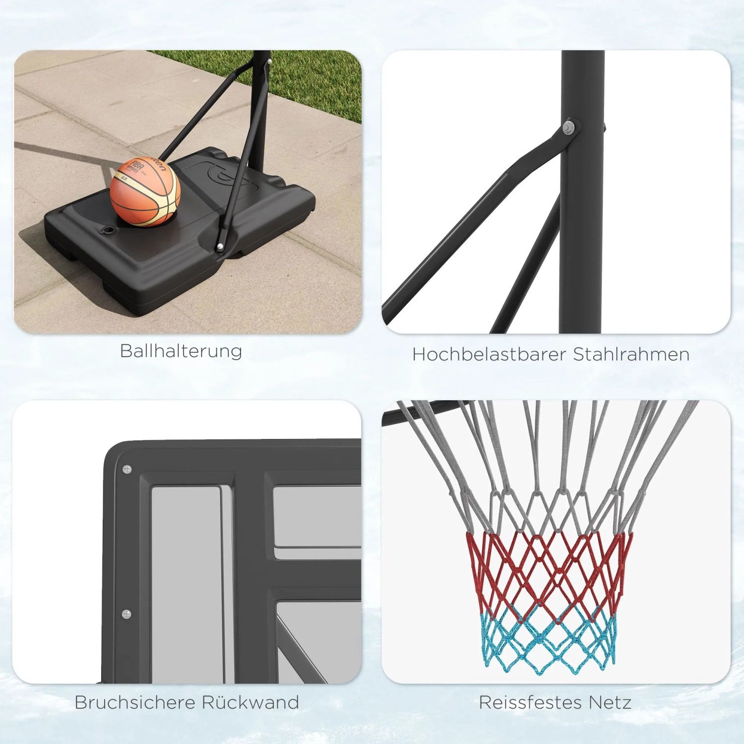 SPORTNOW Basketballständer mit schwarzer Basis, Ballhalterung, stabilem Stahlrahmen, bruchsicherer Rückwand und reißfestem Netz.