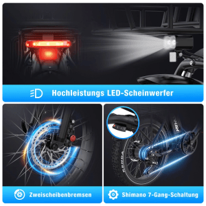 HITWAY E-Bike BK6S PLUS: LED-Licht, Scheibenbremsen, Shimano 7-Gang-Schaltung. Robustes 20 Zoll Elektrofahrrad.