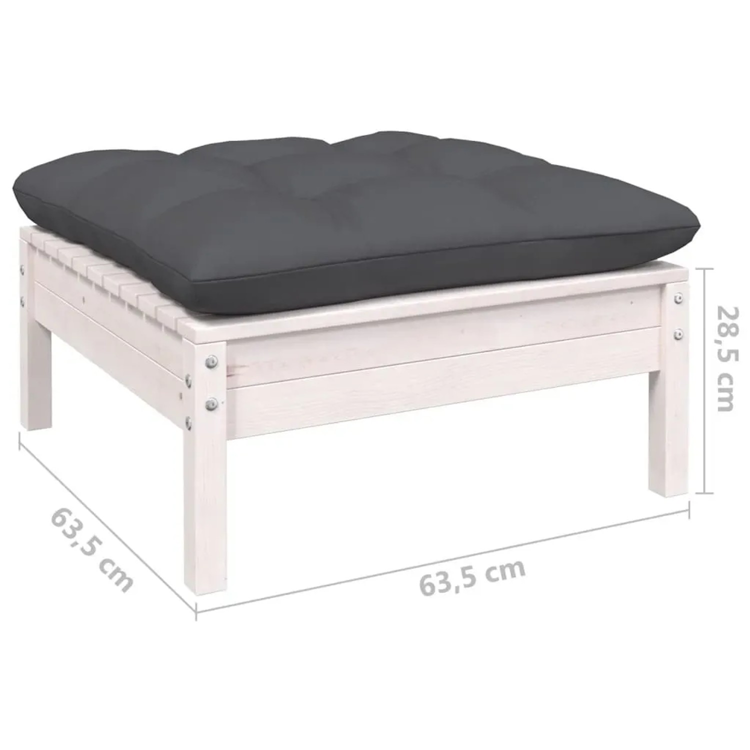Weißer vidaXL Gartenhocker aus Kiefernholz mit anthrazitfarbenem Kissen, Teil eines Lounge-Sets.