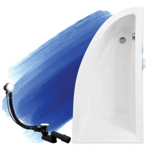 Weiße Eckbadewanne PRAKTIKA 140x70 mit rechtem Ablauf und passender Ablaufgarnitur. Acryl-Wanne für Ihr Bad.