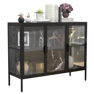 Schwarzer ebuy24 FlokaL Vitrinenschrank mit 3 Glastüren, ideal zur Aufbewahrung und Präsentation.