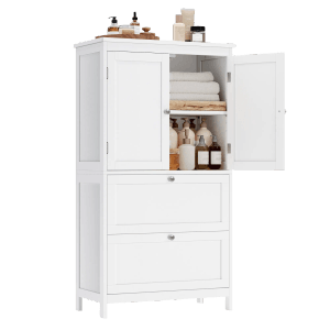 Weißer Songmics Badezimmerschrank Siren mit zwei Schubladen und offenem Fach.