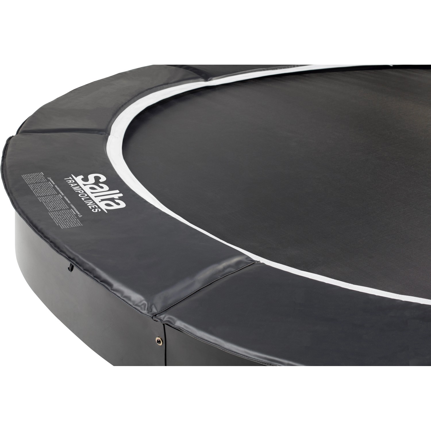 Detailaufnahme: Schwarzes Salta Royal Baseground Trampolin Ø 251 cm, ebenerdig im Gartenboden.