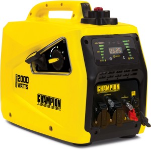 Gelber Champion Stromerzeuger Inverter 82001I-E-EU mit 2000 W Leistung und digitalem Display.