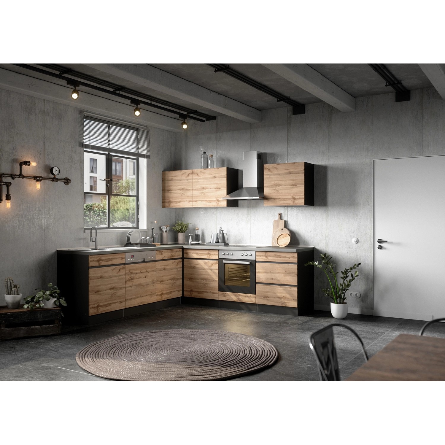 Held Möbel Winkelküche Turin 240 x 240 cm Wotaneiche-Graphit ohne E-Geräte