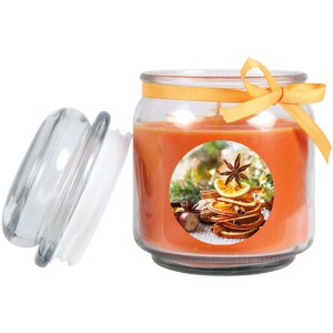 Orangefarbene Duftkerze im Glas mit Weihnachtsdekor und offenem Deckel, 70h Brenndauer.