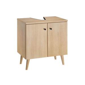 Waschtischunterschrank Eiche Dekor, 2 Türen, schwarze Griffe, schräge Holzfüße. Badmöbel für Waschtisch.