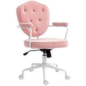 Rosa Bürostuhl mit flauschigem Polyesterbezug, Knopfheftung, weißen Armlehnen und Rollen. Höhenverstellbarer Drehstuhl.