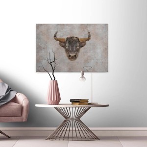 Graues Leinwandbild mit abstraktem Ochsenkopf im Industrial Style für Wohnzimmer und Büro.