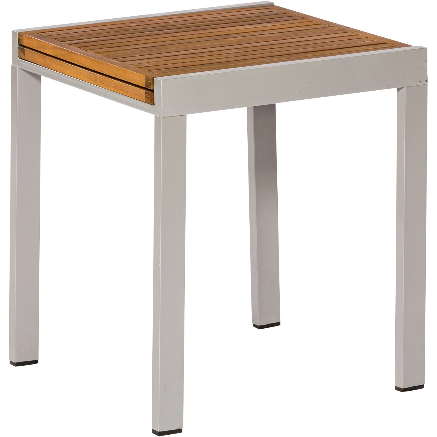 Quadratischer, ausziehbarer Balkontisch mit Akazienholzplatte und silbernem Gestell.
