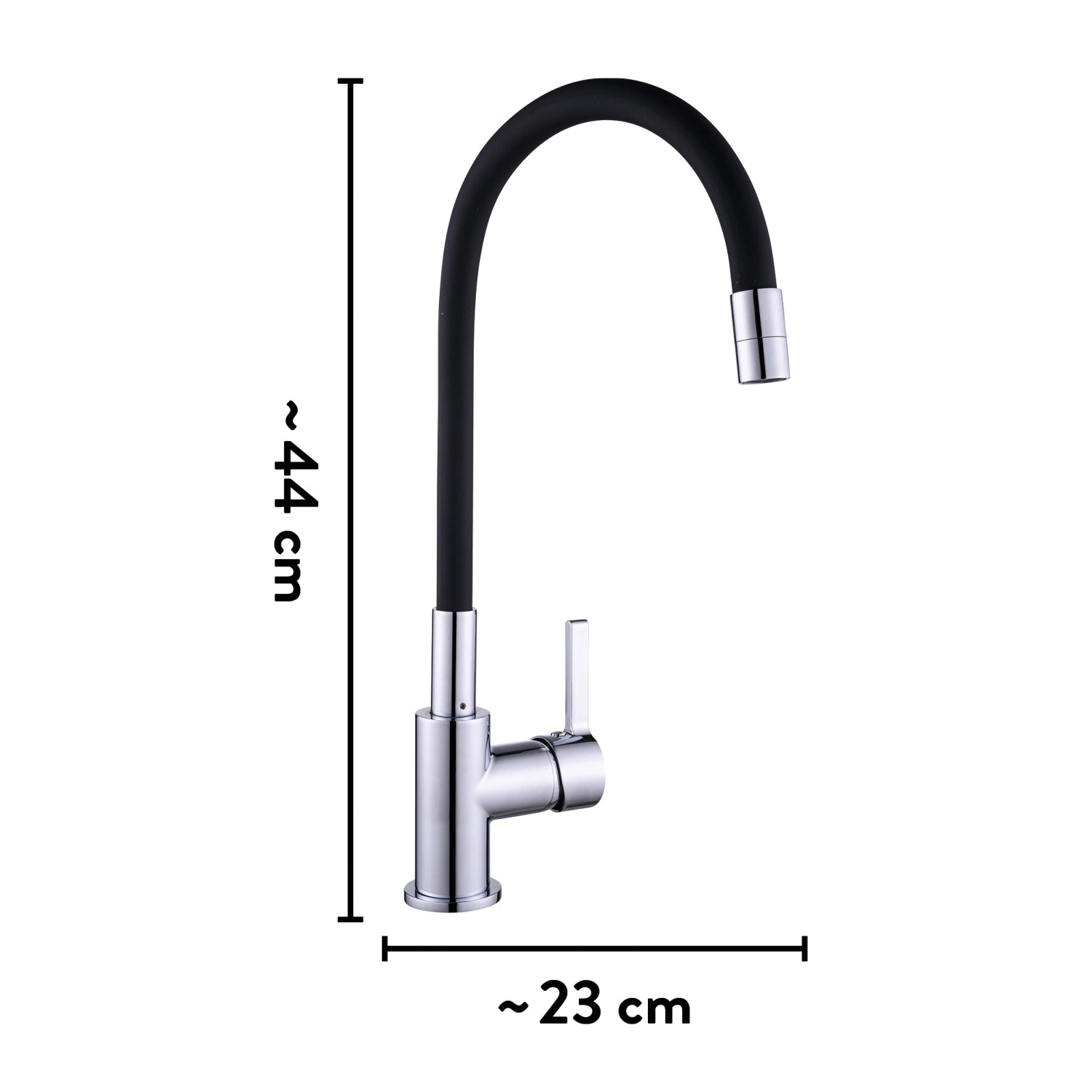 baliv Küchenarmatur KI-1820 Chrom-Schwarz mit flexiblem, schwarzem Silikonauslauf.