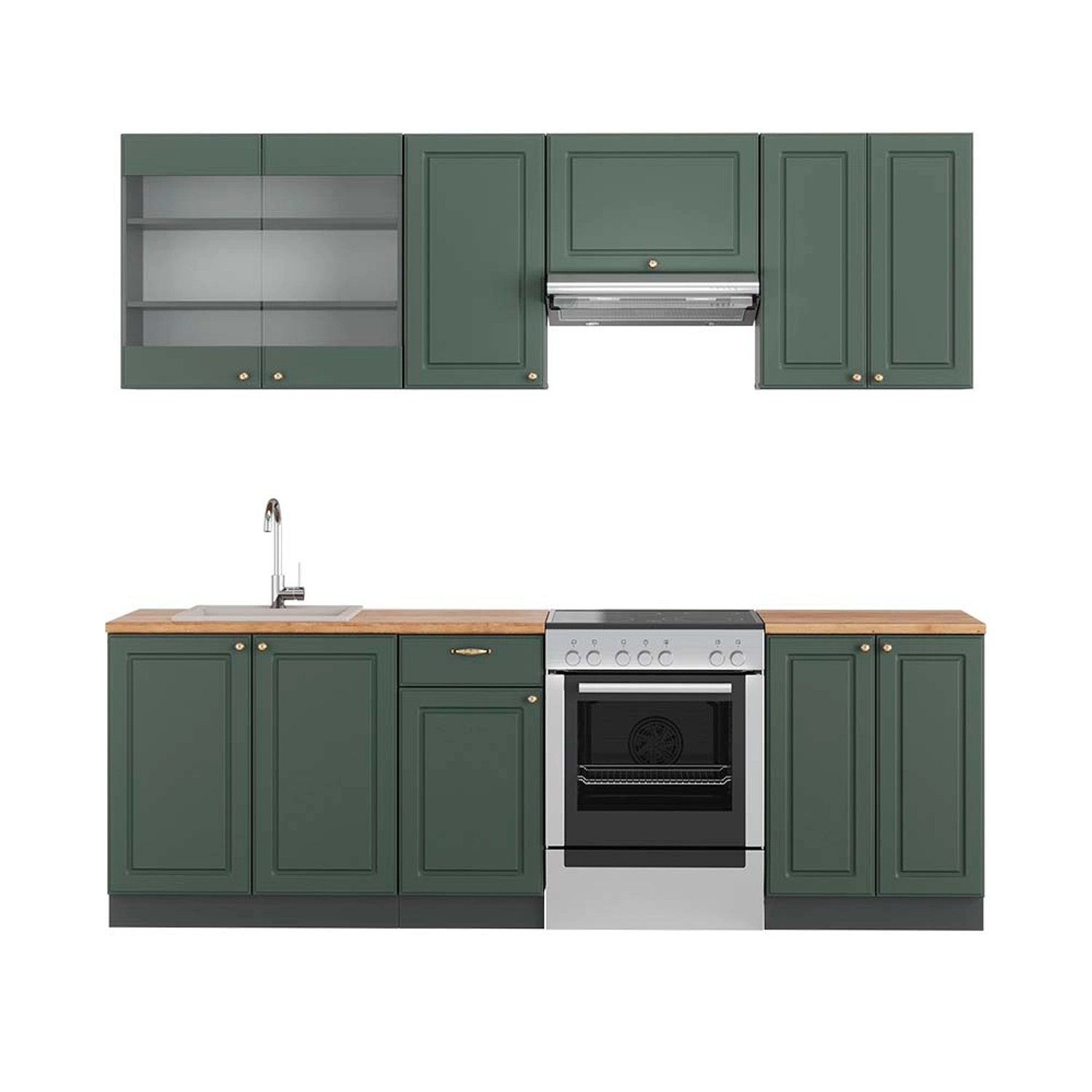 Vicco Fame-Line Küchenschränke Grün-Gold Landhaus/Anthrazit 240 cm AP Eiche günstig online kaufen