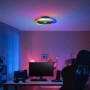 Schwarze LED-Deckenleuchte Salerno mit Ventilator und RGB-Beleuchtung im modernen Gaming-Zimmer.