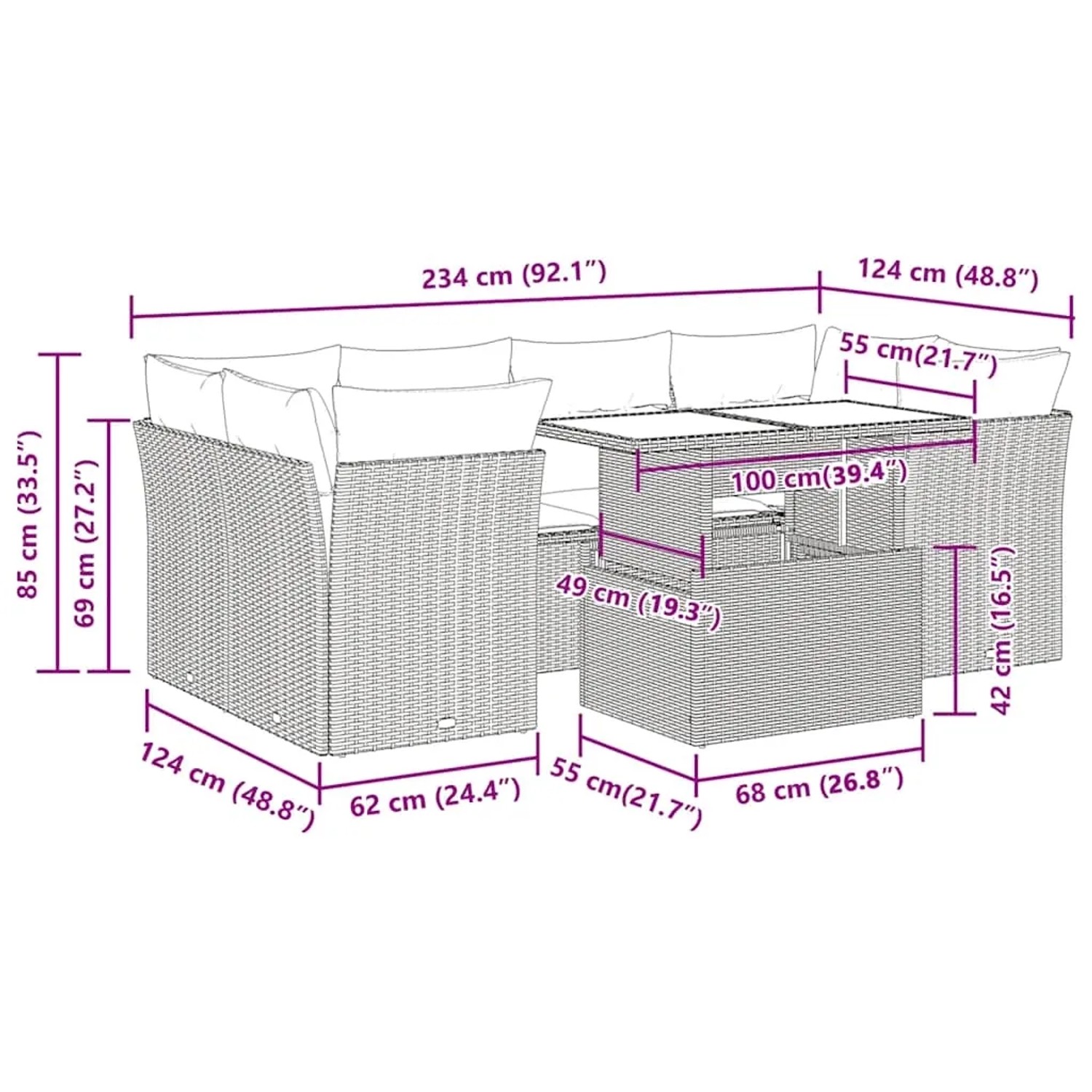 vidaXL 7-tlg. Garten-Sofagarnitur, beige Poly Rattan, mit Maßen. Ideal für Terrasse und Garten.
