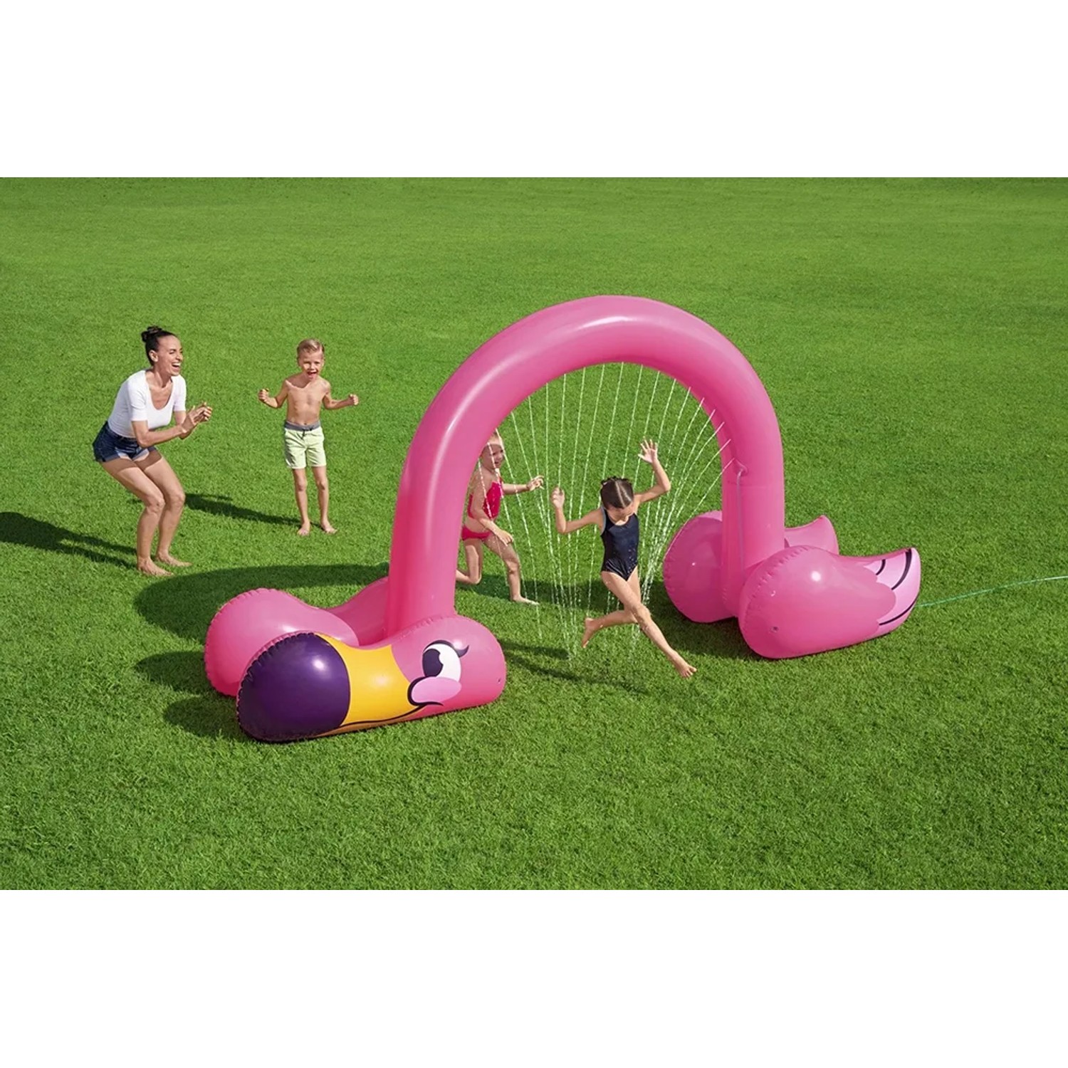 Bestway Jumbo Wassersprinkler Flamingo: Aufblasbarer Flamingo mit Wasserdusche für Kinder im Garten.