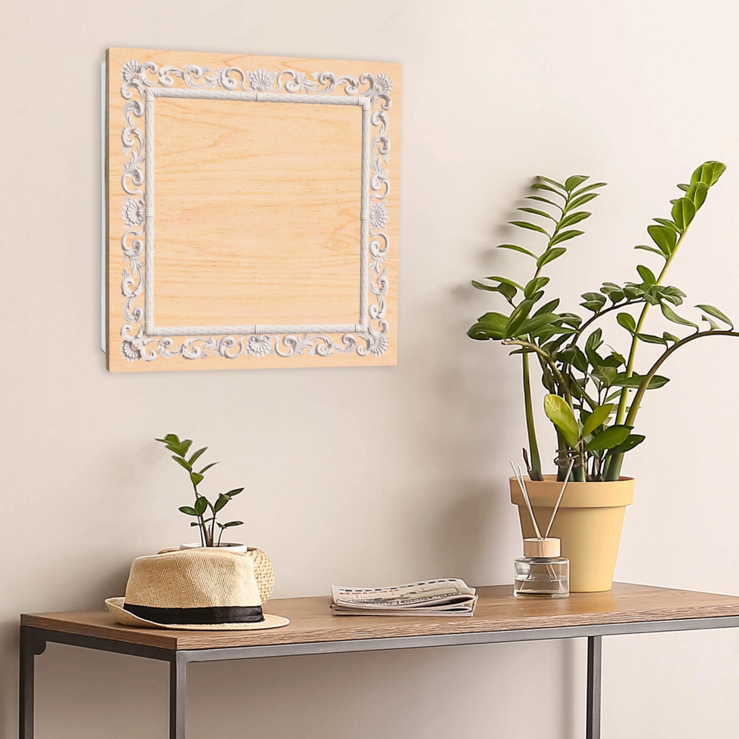 Banjado Schlüsselbox Holz, 30x30cm, weiß mit Barockrahmen-Motiv und 50 Haken. Schlüsselkasten für die Wand.