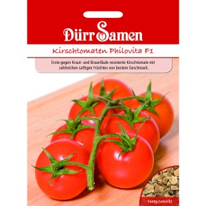 Dürr Samen Kirschtomaten Philovita F1 Saatgut Packung mit Tomaten auf Holzbrett.