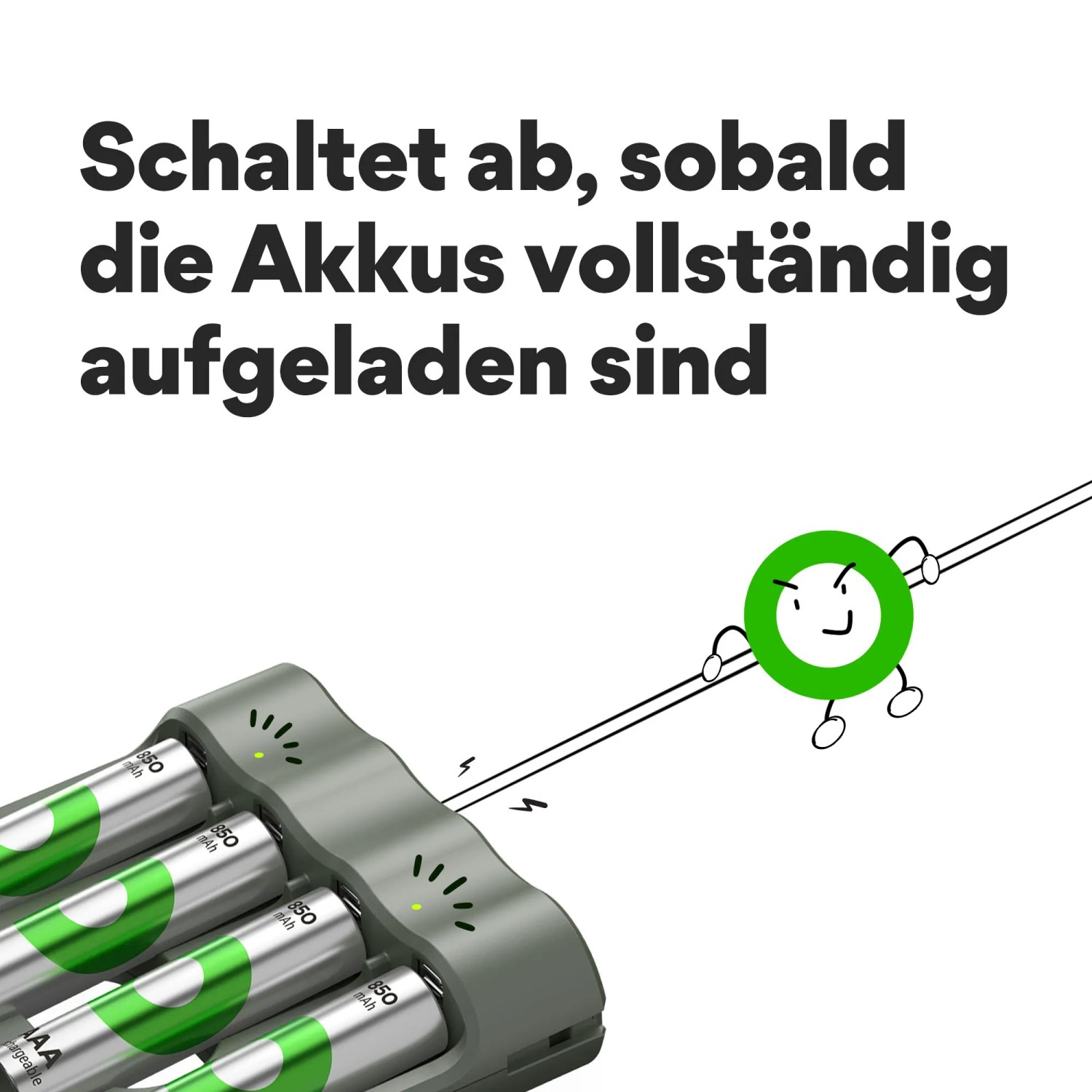 GP Akku-Ladegerät B441 mit 4 AAA-Akkus. Automatisches Abschalten nach Aufladen.