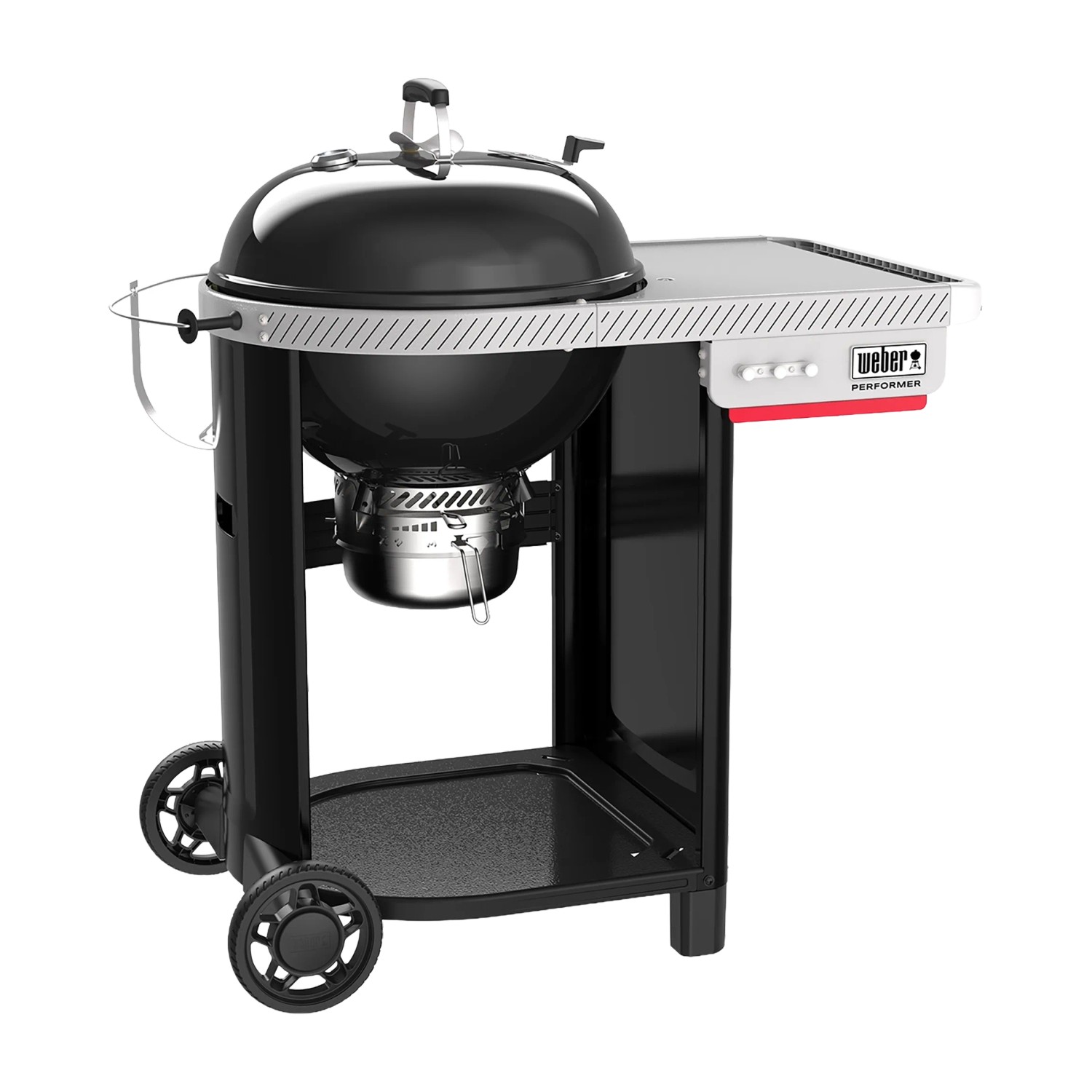 Schwarzer Weber Holzkohlegrill Performer 57 cm mit Seitentisch und Rollwagen.