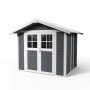 Grosfillex Kunststoff-Gartenhaus Deco 4,9 in Dunkelgrau mit Doppeltür und weißen Rahmen.