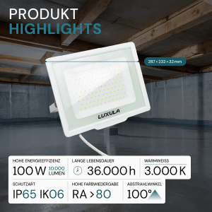 LUXULA LED Strahler 100W 10000lm Fluter 3000K Warmweiß Flutlichtstrahler Slim Design Außenstrahler IP65 Wetterfest und Robuster Baustrahler Weiß