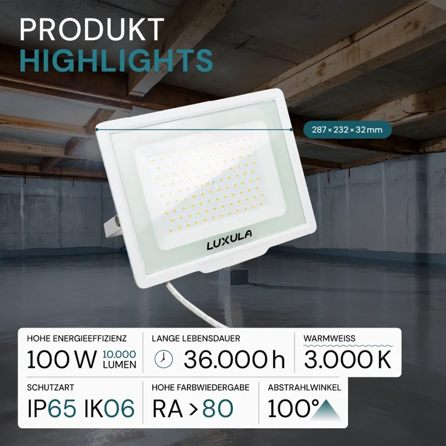 LUXULA LED Strahler 100W, 10000lm, warmweiß, IP65, weiß. Flutlichtstrahler für Außen & Baustelle.