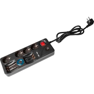 Schwarze 4-fach Multifunktions-Steckdosenleiste mit USB-Ports und Batterieladegerät.