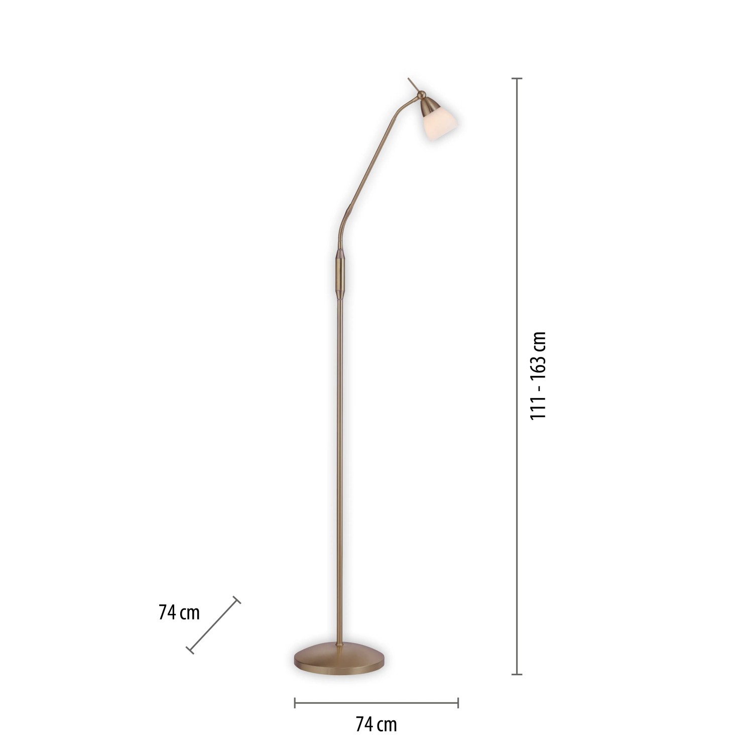 Paul Neuhaus Stehleuchte Pino in Altmessing, 111-163cm hoch, mit verstellbarem Leuchtenkopf.