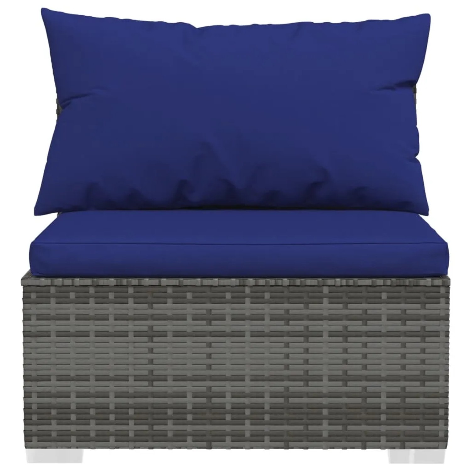 Graues vidaXL Garten-Lounge-Set aus Rattan mit blauen Kissen, Eckteil.