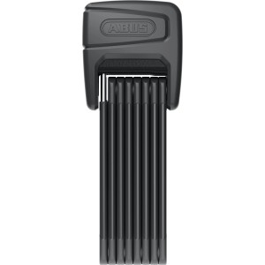 Schwarzes Abus Faltschloss Bordo One 6000A/120 mit Halter, zusammengefaltet.