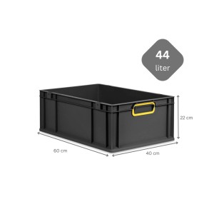 PROREGAL Eurobox Nextgen, 44 Liter, schwarz mit gelben Griffen. Aufbewahrungsbox für Lager und Transport.