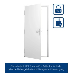 Geöffnete, weiße Hörmann Sicherheitstür KSI Thermo46, DIN L, mit RC2 Sicherheitsausstattung und Wärmedämmung.