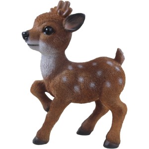 Gartendeko: Braunes Rentier Kitz, 41 cm, aus Polyresin mit weißen Punkten.