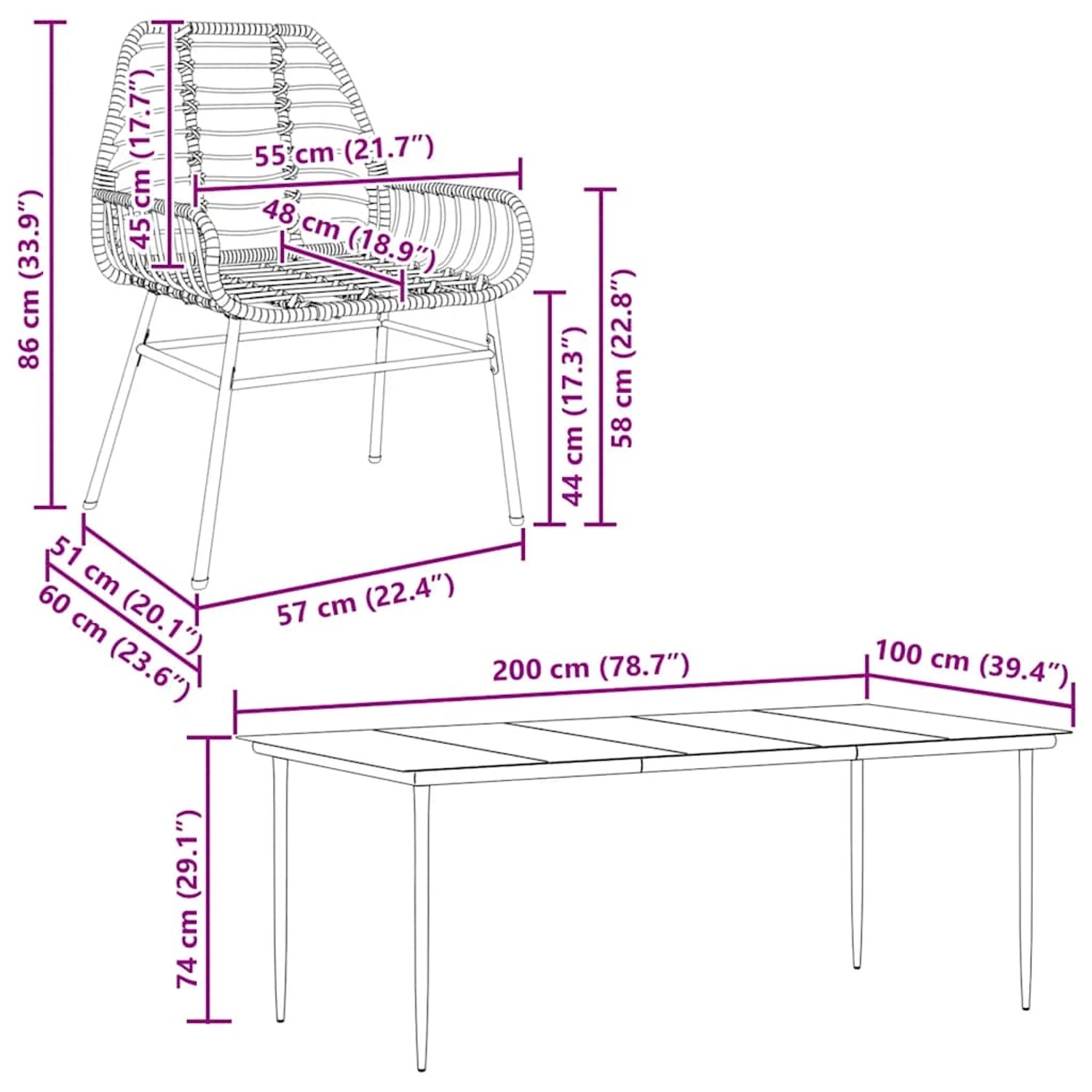 vidaXL 9-teiliges Garten-Esszimmerset aus Rattan mit Maßen von Tisch und Stuhl.