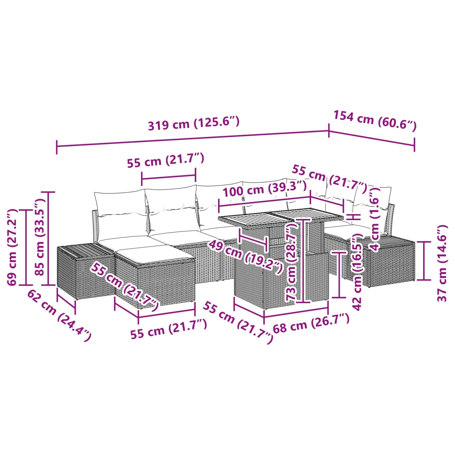 vidaXL Garten-Sofa-Set 8-tlg. Schwarz Poly Rattan mit Maßen. Gartenmöbel für Terrasse und Garten.
